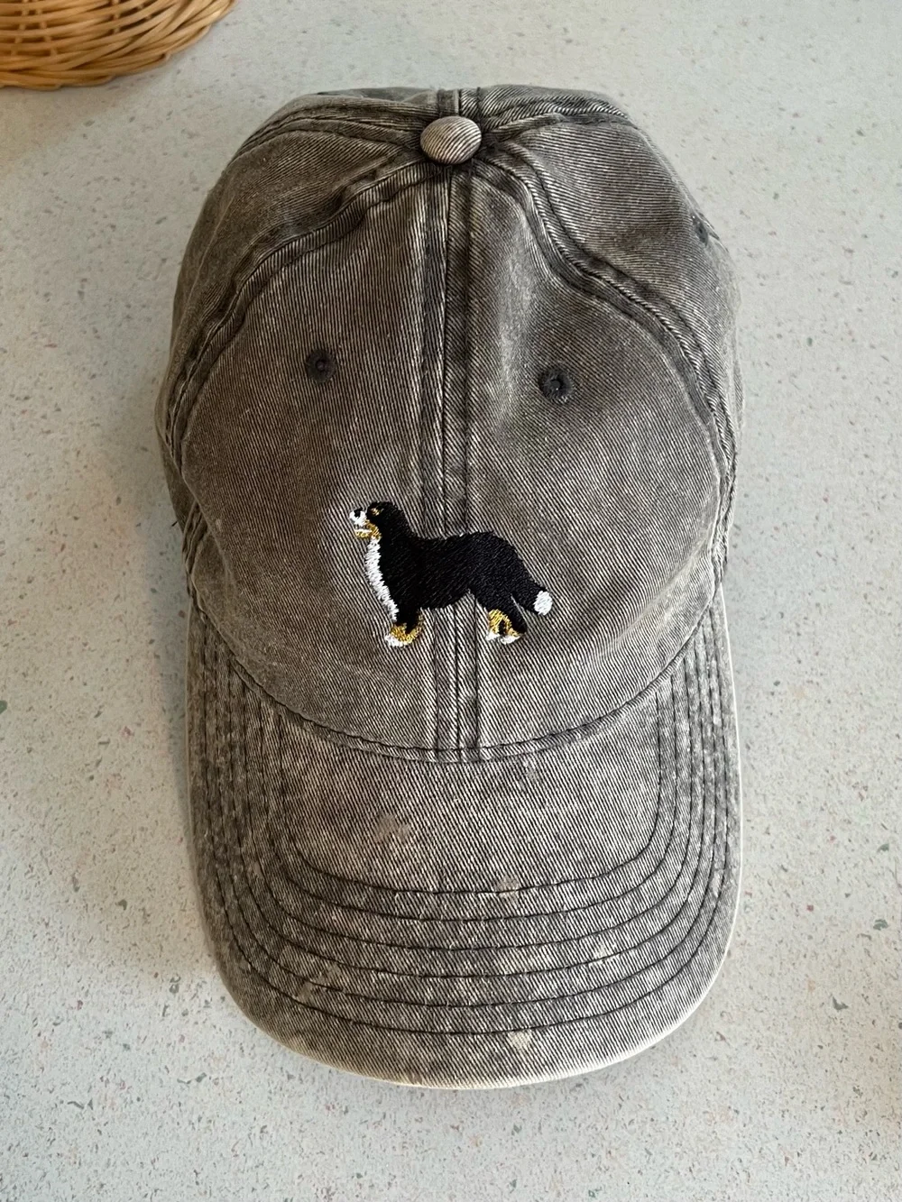 Bernese Mountain Dog Embroidered Baseball Cap Grey Denim Adjustable Hat One Size